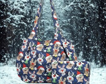 Festive Holiday Dog Pattern Handbag and Makeup Bag Set - Navy Blue - Made in USA