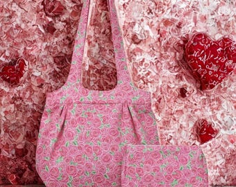 Handmade Pink Roses Shoulder Bag Set - Artisan Crafted Handbag and Makeup Bag, USA Made, Sturdy Design, Easy Care, Complete Matching Set