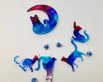 Purple/Blue Moon Cat Resin Suncatcher 24"