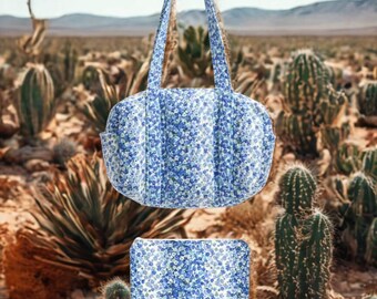 Blue Floral Stripe Zippered Bag Set