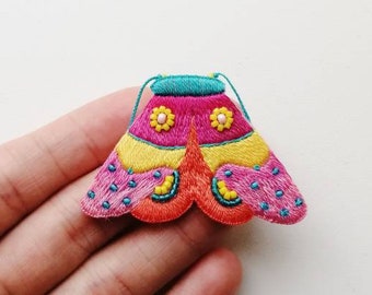 insect jewelry modern embroidery art moth brooch vibrant pink colors Hand embroidery colorful butterfly pin bright yellow moth wings