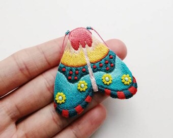 insect jewelry modern embroidery art moth brooch vibrant pink colors Hand embroidery colorful butterfly pin bright yellow moth wings