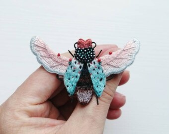 insect jewelry modern embroidery art moth brooch vibrant pink colors Hand embroidery colorful butterfly pin bright yellow moth wings