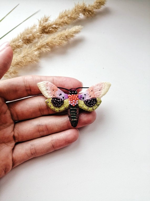 insect jewelry modern embroidery art moth brooch vibrant pink colors Hand embroidery colorful butterfly pin bright yellow moth wings