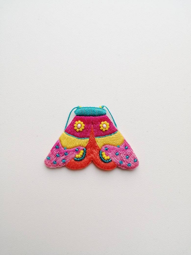 insect jewelry modern embroidery art moth brooch vibrant pink colors Hand embroidery colorful butterfly pin bright yellow moth wings
