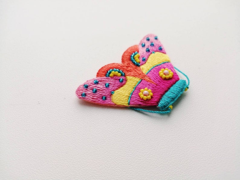 insect jewelry modern embroidery art moth brooch vibrant pink colors Hand embroidery colorful butterfly pin bright yellow moth wings