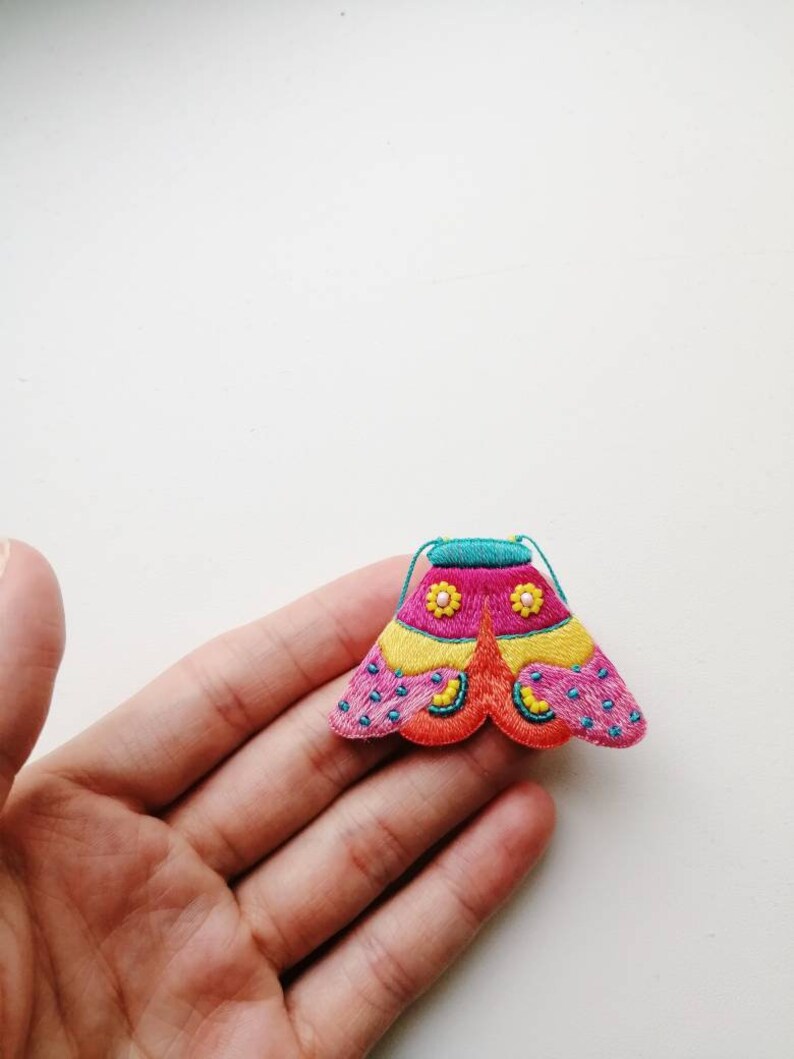 insect jewelry modern embroidery art moth brooch vibrant pink colors Hand embroidery colorful butterfly pin bright yellow moth wings