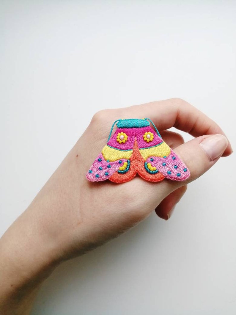 insect jewelry modern embroidery art moth brooch vibrant pink colors Hand embroidery colorful butterfly pin bright yellow moth wings