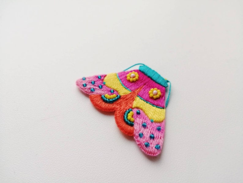 insect jewelry modern embroidery art moth brooch vibrant pink colors Hand embroidery colorful butterfly pin bright yellow moth wings