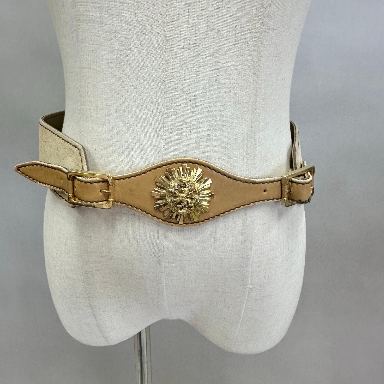 Vintage Suede Leather Waist Belt W/ Gold Lion Medallion 