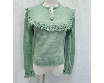 Sheridan Creations Mint Green Ruffle Bib Knit Sweater Womens Medium Vintage 70s