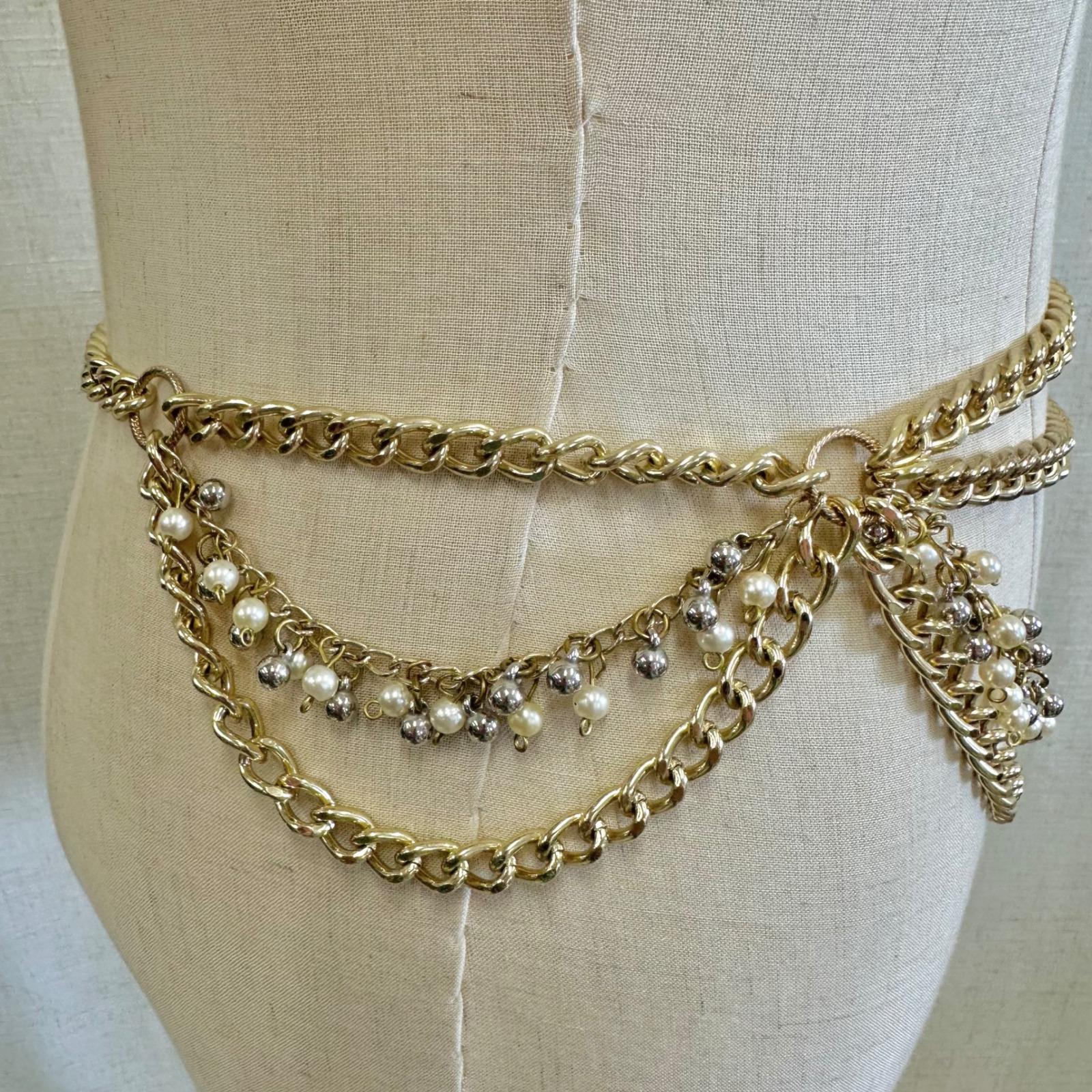 Gold Tone Multi Layer Chain Belt Faux Pearl Rhinestone  display picture 3