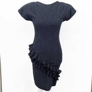 Vintage crinkle dolman sleeve bodycon ruffle dress solid black size 5/6