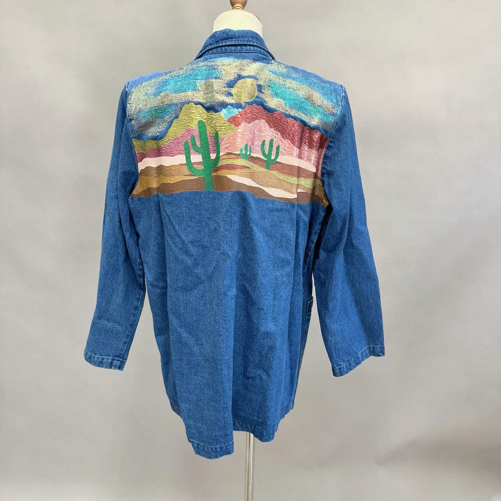 Vintage Hand Painted Denim Jacket Southwestern Desert Scene Cactus 