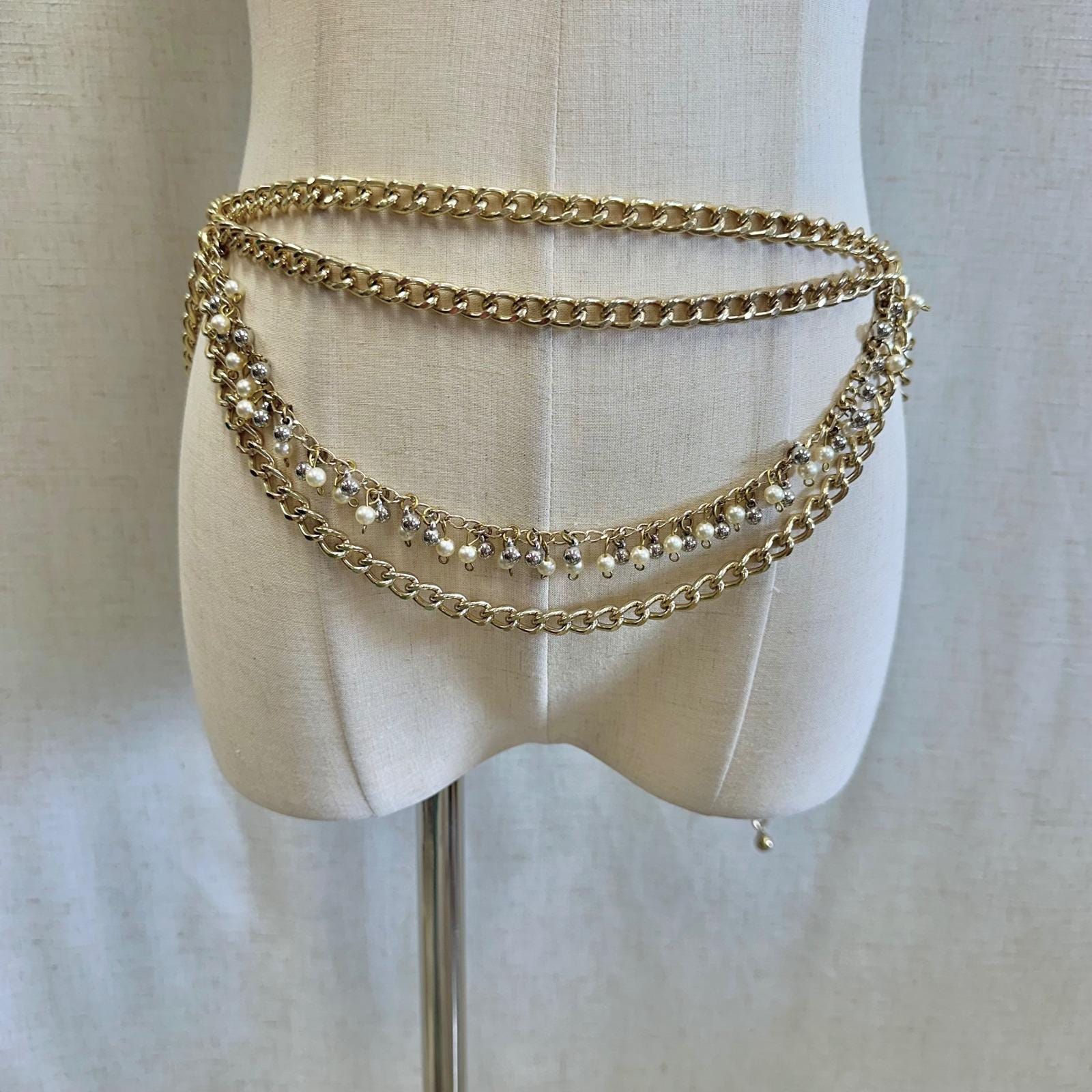 Gold Tone Multi Layer Chain Belt Faux Pearl Rhinestone 
