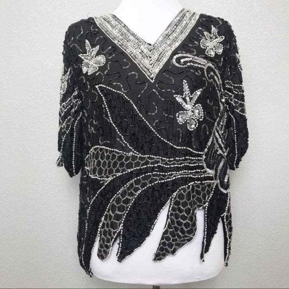 Vintage black/silver beaded semi crop silk short … - image 4