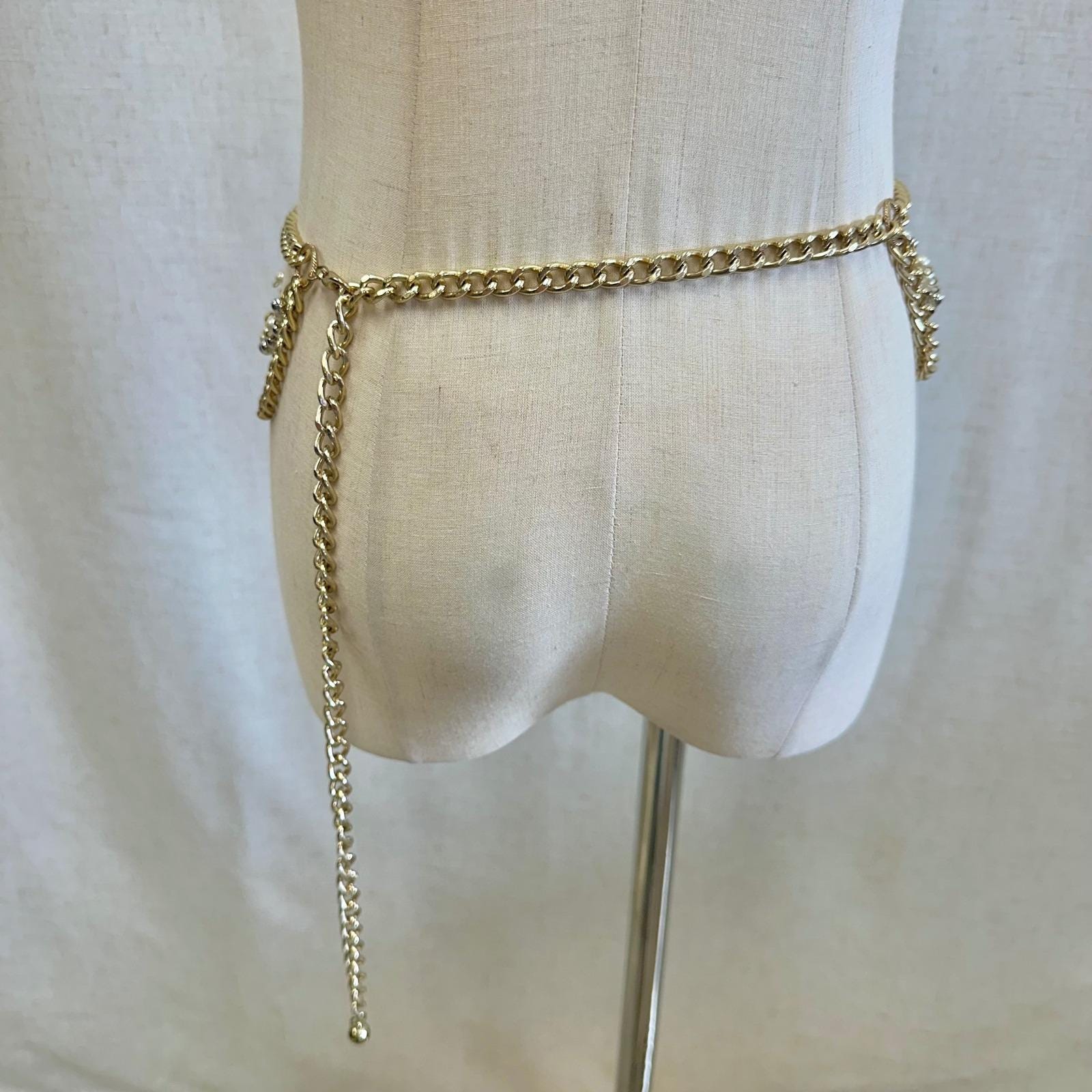 Gold Tone Multi Layer Chain Belt Faux Pearl Rhinestone  display picture 1