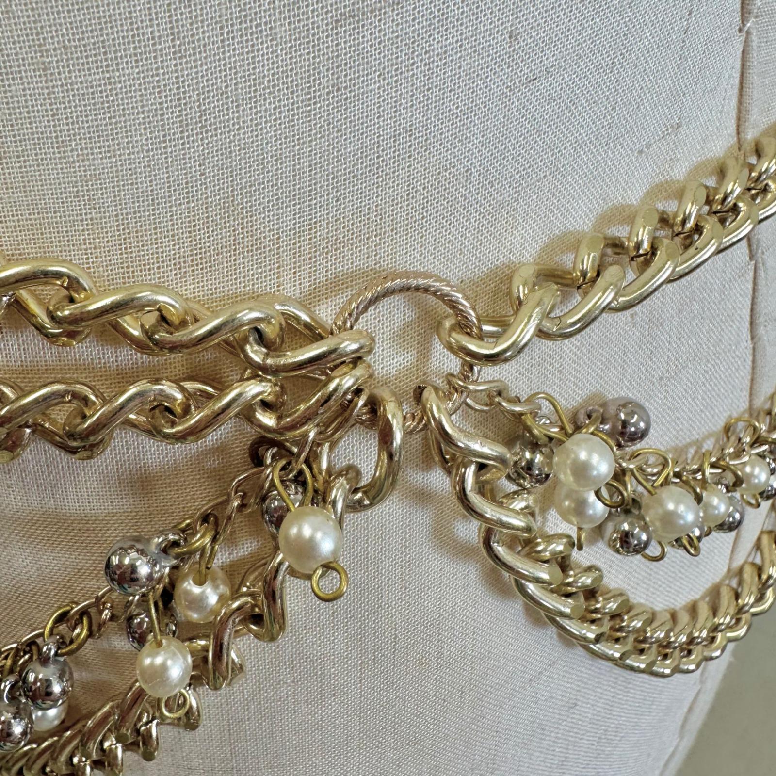 Gold Tone Multi Layer Chain Belt Faux Pearl Rhinestone  display picture 2