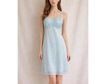 Opalaire Full Slip Dress Womens 38 Blue Excellent Vintage Lace Trim Made in USA