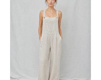 Moda International Linen Tan Overalls Womens Size S Wide Leg Coastal Boho 90s