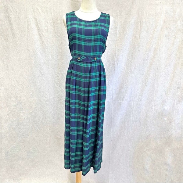 Vintage 90s green navy Black Watch plaid jumper maxi dress Small Rayon