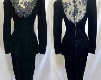 Scott McClintock vintage 80s black velvet peplum long sleeve sheath dress size 4