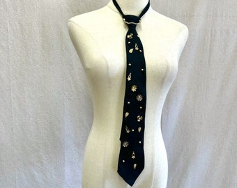 Cravate noire à fermeture éclair Art déco vintage avec décorations dorées, taille unique