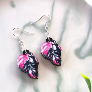 Philodendron Pink Princess Leaf Dangle Earrings, Plant Leaf Earrings, Houseplant Wooden Earrings, Plant Hoop Earrings, Leaf Clip-On Earrings