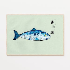 May include: A framed watercolour painting featuring a blue fish with a mosaic pattern on a pale green backdrop. The fish has a dark blue tail and fin, a yellow eye, and is accompanied by bubbles. The artwork is framed.