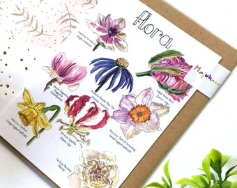 Floral Greeting Card, Flora Card, Illustrated Card, Botanical Card, Flower Card