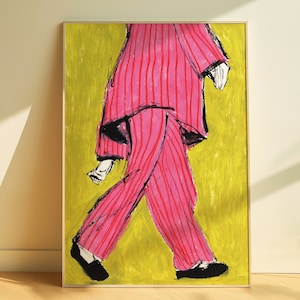 ピンクのストライプのパジャマのイラスト入りファッションプリント、抽象的な人物のウォールアート、ファッションポスター
