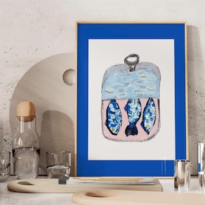 Sardine Tin Illustrated Food Print, Fish Abstract Artwork With Navy Border