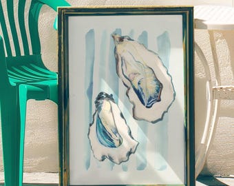 Summer Oysters with Striped Background Illustrated Art Print, Nautical Kitchen Wall Art