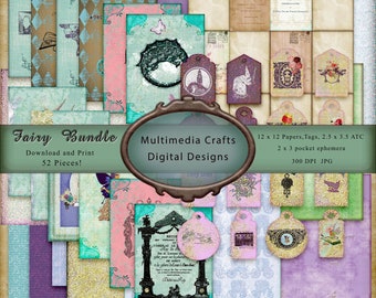 Fairy Bundle. Commercial Use 12 x 12 Digital paper pack, 2.5 x 3.5 ATC, pocket inserts, tags, scrapbook, junk journal, mixed media lot