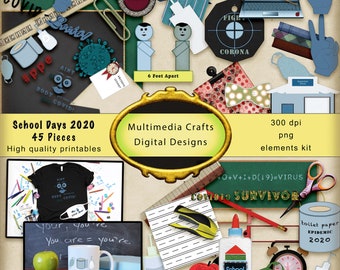 45 Piece School Days 2020.  Commercial Use digital graphics kit. Coronavirus, Photoshop, DIY crafts, T-shirts, Mugs