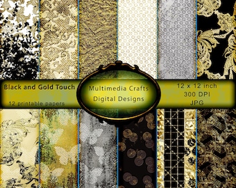 12 x 12 Commercial Use "Black and Gold Touch" Digital paper pack.  Scrapbook, photography, journal, cards, tags, mixed media