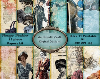 Vintage Fashion 8.5" x 11" Commercial Use Digital Paper Pack. 12 pc. Scrapbooking, Junk Journaling, Mixed Media Art