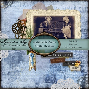 Può includere: Un kit di scrapbooking digitale con uno sfondo blu e bianco. Il kit include una cornice per foto in stile vintage con una foto di due bambini, una chiave e un orologio. Il testo "Memories Ago" è scritto in un carattere decorativo. Il kit è progettato per l'uso nello scrapbooking digitale e in altri progetti creativi.