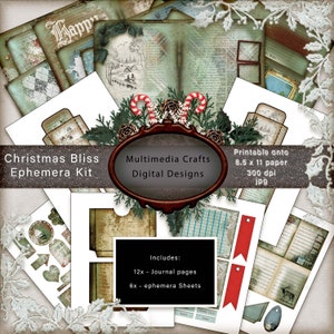 Christmas Bliss Journal and Ephemera Kit.  Commercial Use.  Seasonal, Scrapbook, Cards, Tags, Mixed Media