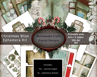 Christmas Bliss Journal and Ephemera Kit.  Commercial Use.  Seasonal, Scrapbook, Cards, Tags, Mixed Media
