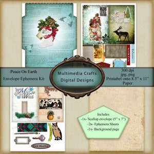 Peace On Earth Envelope and Ephemera Kit.  CU. Christmas Digital downloads. Junk Journal, tags, journal cards, shabby chic