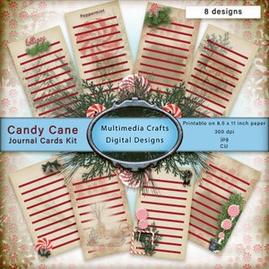 Candy Cane Journal Card Kit. CU. Digital Printouts.  3 x 5" Cards. Christmas, Seasonal, Winter. Scrapbooking