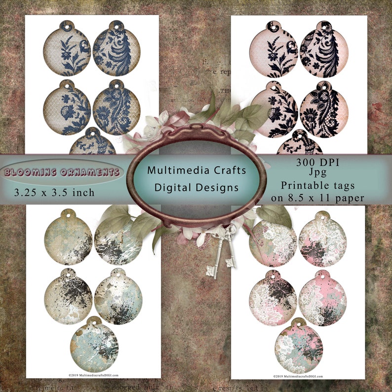 Blooming Ornaments_3.25 x 3.5 digital tags. Shabby chic, ephemera, scrapbook, journal image 1