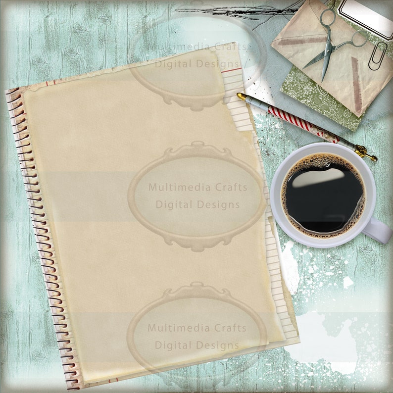 May include: A vintage-style notebook with a spiral binding, a cup of coffee, a pencil, and a pair of scissors on a blue and white textured background. The notebook has a blank page with the text "Multimedia Crafts Digital Designs" repeated three times.