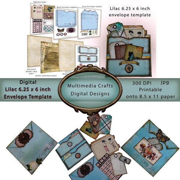 6.25 x 6"  Lilac Envelope Template kit.  Junk journal, cards, tags, ephemera, mixed media art
