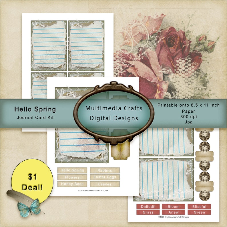 Hello Spring_Journal Cards. Commercial Use digital papers. Scrapbook, Junk journal, mixed media. Tags image 1