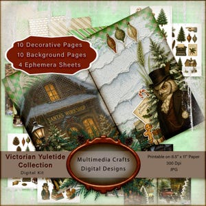 Può includere: Un kit digitale con una collezione vittoriana di Natale. L'immagine mostra pagine decorative e di sfondo, fogli di efemeridi e design digitali. L'opera d'arte include un gufo con cilindro, una scena del laboratorio di Babbo Natale e ornamenti natalizi. Stampabile su carta 21,6 cm x 27,9 cm.