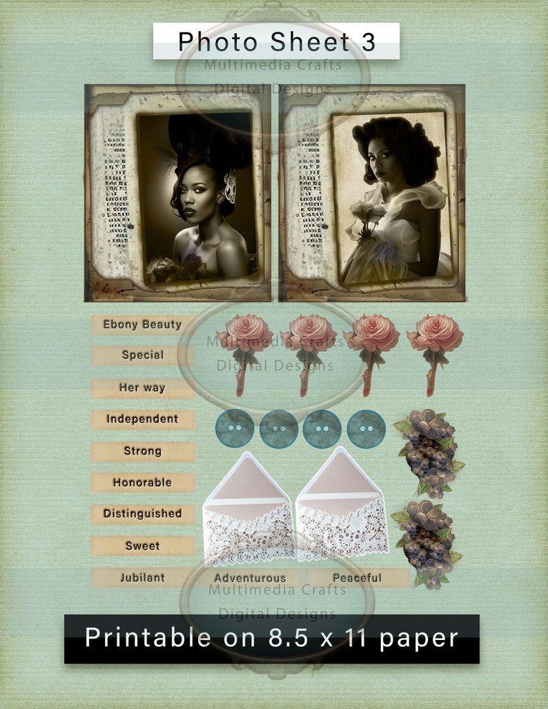Ebony Beauties Digital Photos Kit. Vintage African Americans, Junk Journal, Scrapbooking, Cards, Tags, Mixed Media image 4