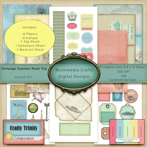Vintage Summer Road Trip Journal Kit_Collaboration_Digital Printable. Travel, Shabby chic, Scrapbook, Journal, Envelope