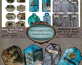 Commercial Use_Trees and Things Tags Kit. Digital downloads, scrapbook, junk journal, mixed media ephemera